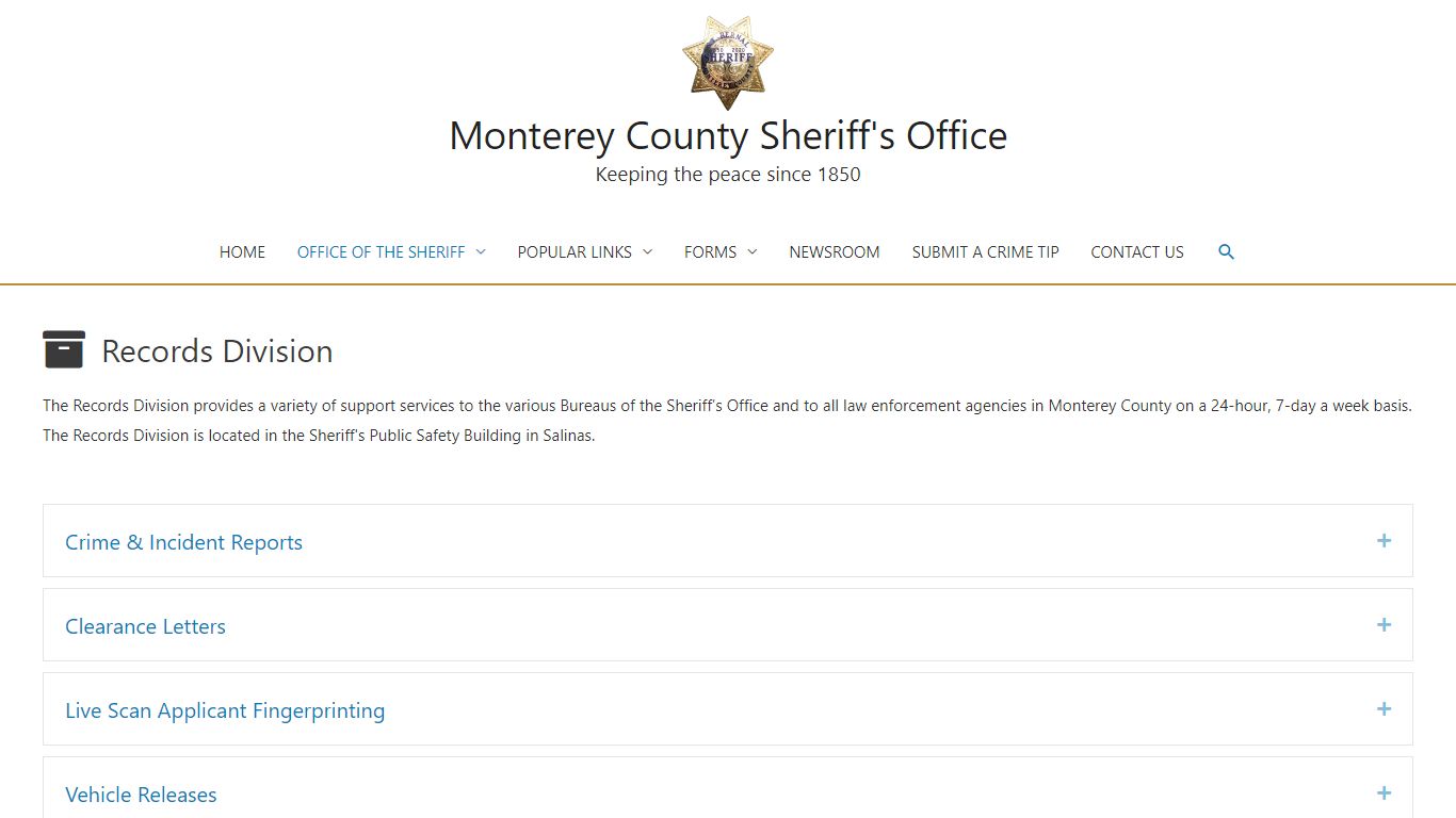 Records Division – Monterey County Sheriff's Office